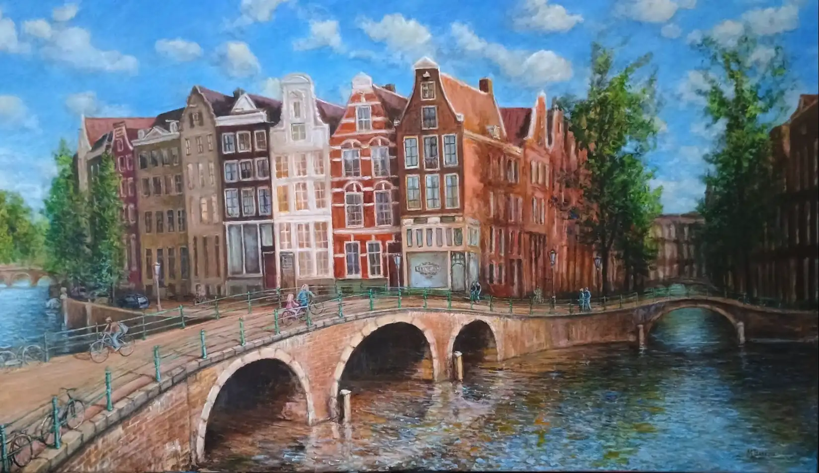Amsterdam Canal and Brick Houses — a panoramic painting of a canal bridge with traditional Dutch architecture